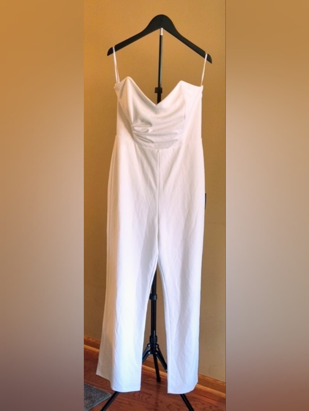 Lulu's White Spaghetti-Strap Draped-Neck Jumpsuit